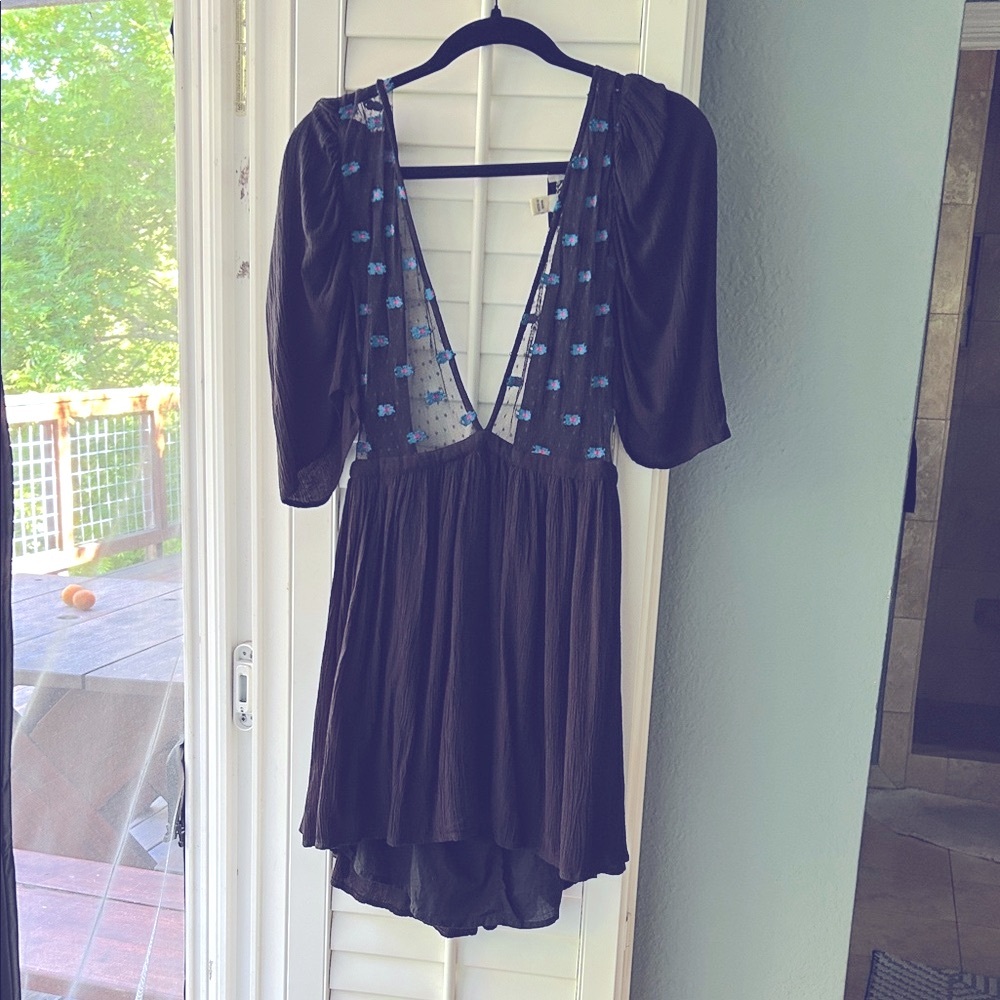 Black Dress with Blue Floral Embroidery